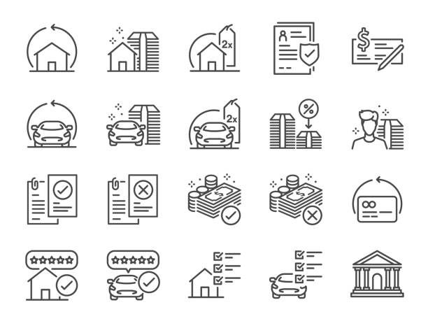 ilustraciones, imágenes clip art, dibujos animados e iconos de stock de conjunto de iconos de línea de refinanciación. incluye iconos como hipoteca, préstamo, tasa de interés, activo, vivienda, coche y más. - casa lujo coche