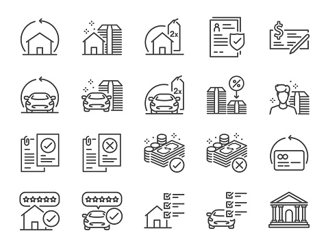 Refinance line icon set. Included icons as mortgage, loan, interest rate, asset, home, car and more.
