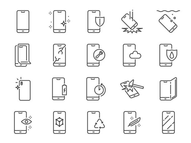 illustrazioni stock, clip art, cartoni animati e icone di tendenza di set di icone della linea di protezione dello smartphone. icone incluse come telefono cellulare della città, filtro, protezione dello schermo, impermeabile, qualità e altro ancora. - work tool symbol hammer repairing