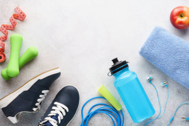 istock Fitness background with various sport equipment. Copy space. 1176328842