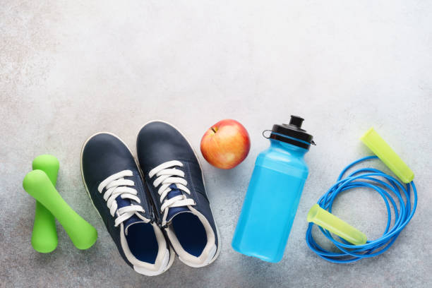 istock Fitness background with various sport equipment. Copy space. 1176329018