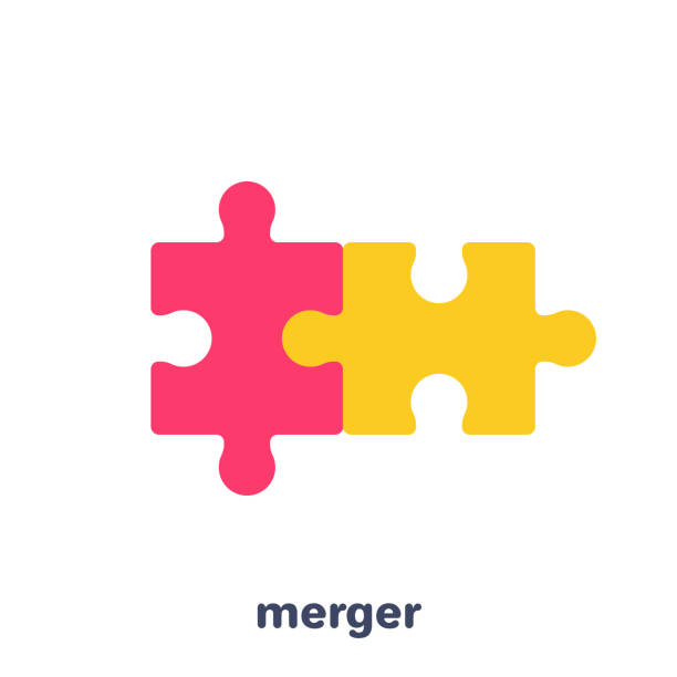 merger flat vector image on a white background, business icon, two pieces of a puzzle merged, merging in a business jigsaw piece stock illustrations