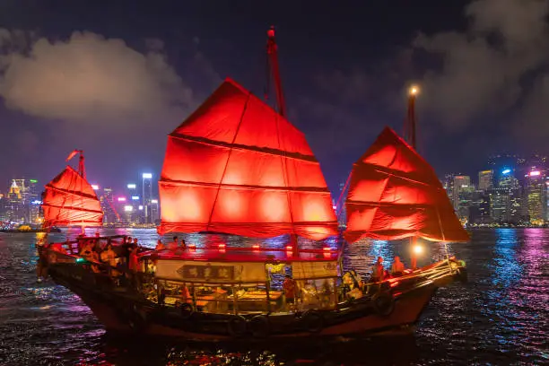 The Aqua Luna sailing in Hong Kong Downtown with skyscraper buildings. financial district in urban city at night. The red boat or ship is a Chinese Junk operating in Victoria Harbour.