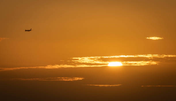 istock Plane flying over a golden sunset 1176334862