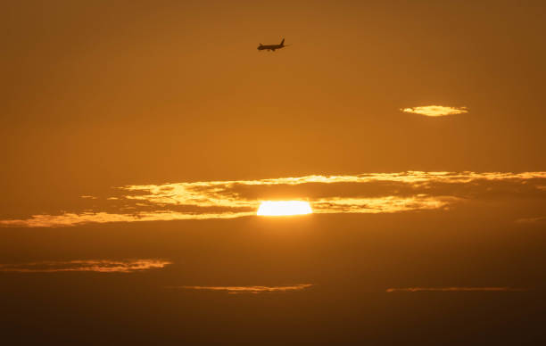 istock Plane flying over a golden sunset 1176334866