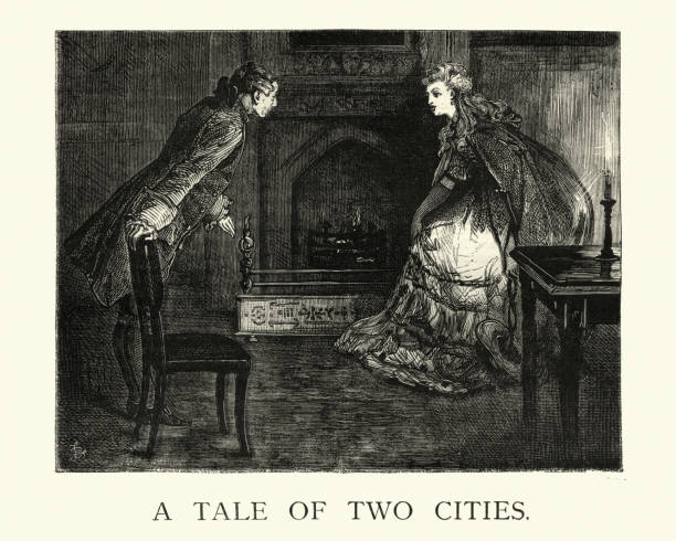 Dickens, A Tale of Two Cities, She curtsied to him Vintage engraving of a scene from the Charles Dickens novel, A Tale of Two Cities, 19th Century. She curtsied to him.... He made her another bow curtseying stock illustrations