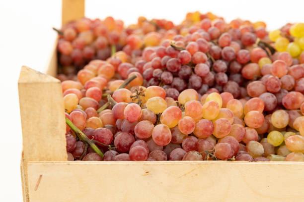 istock colorful mixed grapes in a wooden crate box 1176335037