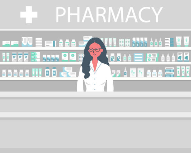 Web banner of a pharmacist. Young woman in the workplace in a pharmacy Web banner of a pharmacist. Young woman in the workplace in a pharmacy: standing in front of shelves with medicines. Flat and funky style. Vector illustration pharmacist cartoon stock illustrations