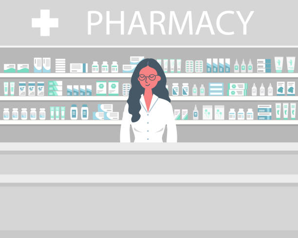 藥劑師的網路橫幅。藥房工作場所的年輕女子 - pharmacist 幅插畫檔、美工圖案、卡通及圖標