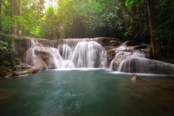 Photo of beautiful deep forest waterfall in Thailand, Erawan waterfall