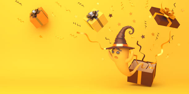 istock Cute cartoon ghost wearing witch hat, confetti and gift box on orange background, copy space text area. Design creative concept of happy halloween celebration holiday. 1176338148