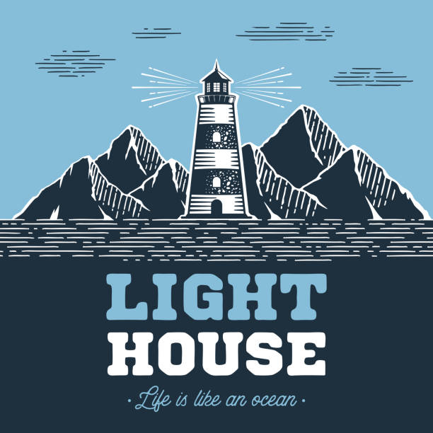 ilustrações, clipart, desenhos animados e ícones de rotulação do círculo do farol azul e obscuridade-ilustração azul do vetor. - lighthouse beacon sailing storm