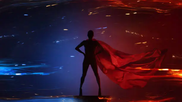 Abstract silhouette portrait of young hero woman with super person red cape guard night city