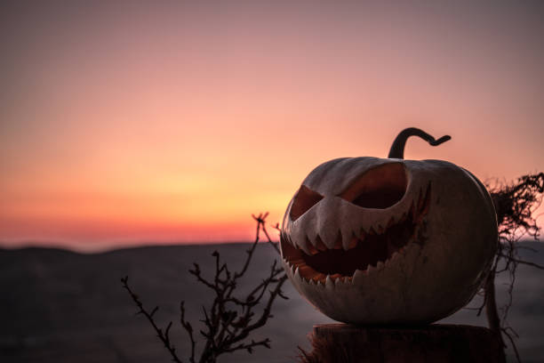 istock Happy Halloween! Pumpkins on wooden table on sunset sky background. 1176352557