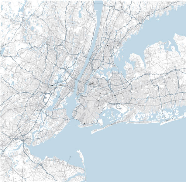 satellitenkarte von new york city und umgebung, usa. karte straßen, ringstraßen und autobahnen, flüsse, eisenbahnlinien - new york city stock-grafiken, -clipart, -cartoons und -symbole