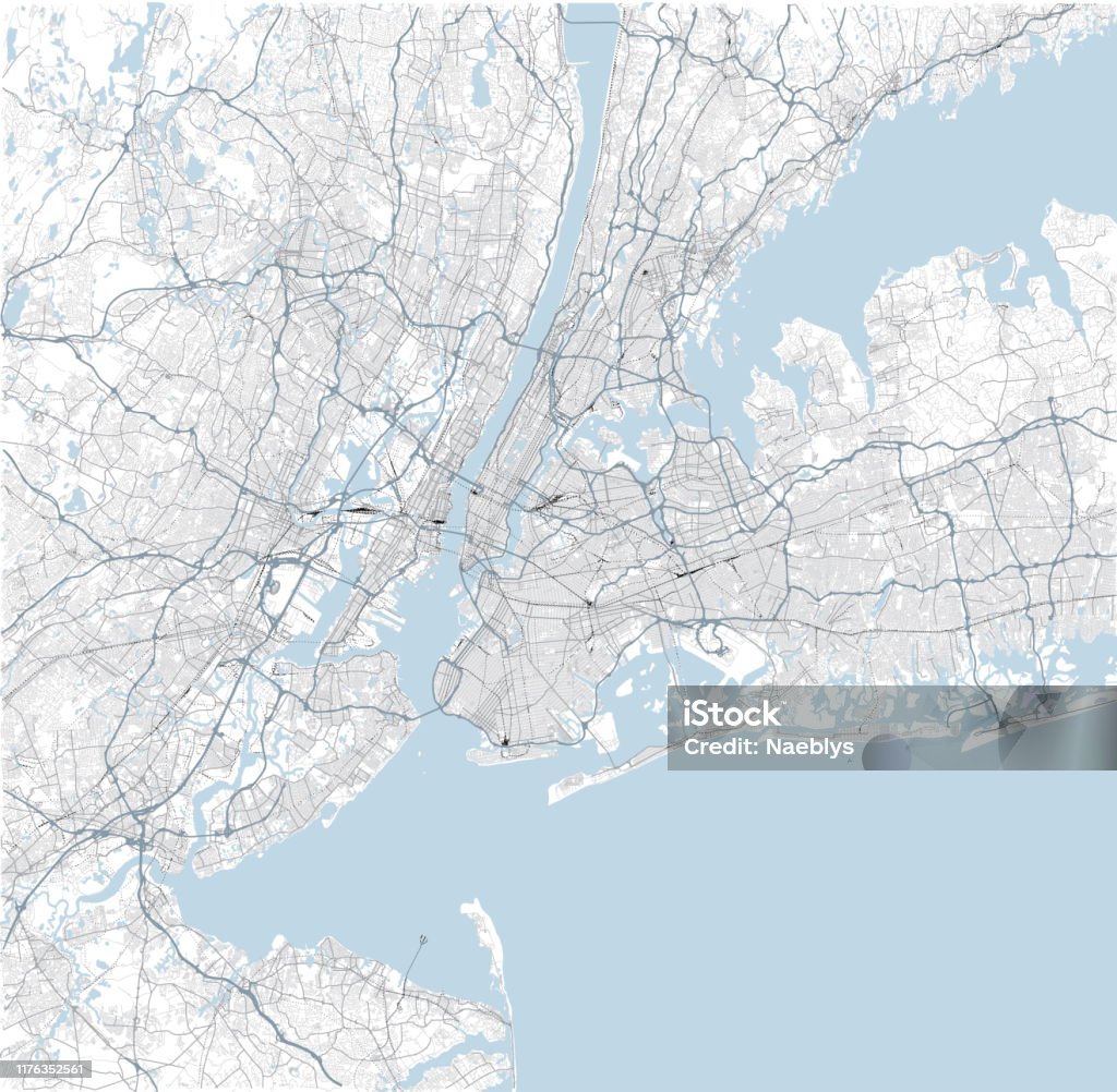 Satellite map of New York City and surrounding areas, Usa. Map roads, ring roads and highways, rivers, railway lines Satellite map of New York City and surrounding areas, Usa. Map roads, ring roads and highways, rivers, railway lines. Transportation map New York City stock vector