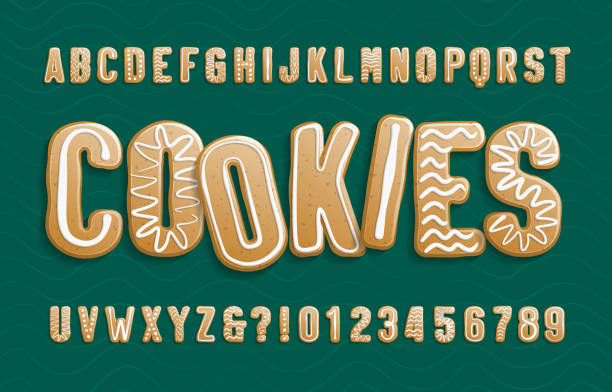 Christmas Gingerbread Cookies alphabet font. Cartoon letters and numbers with icing sugar covering. Christmas Gingerbread Cookies alphabet font. Cartoon letters and numbers with icing sugar covering. Holiday vector illustration for your design. gingerbread biscuit stock illustrations
