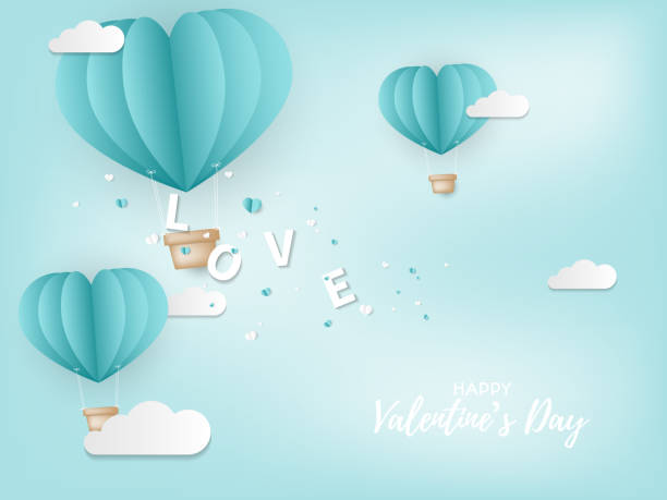 illustrazioni stock, clip art, cartoni animati e icone di tendenza di sfondo di san valentino di testo love che cade da mongolfiere a forma di cuore blu e minuscolo cuore blu e bianco sul cielo blu con nuvola e testo di buon valentino. concetto di amore e san valentino, stile artistico cartaceo. illustrazione vettoriale. - text sky abstract air