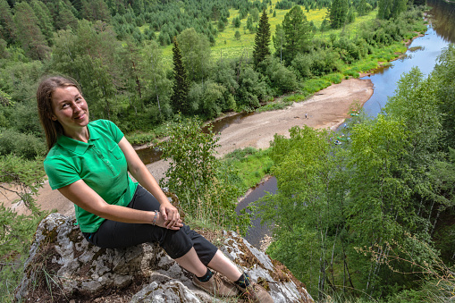 Young Woman Enjoying at the River Serga Cliffs in the Deer Stream Natural Park in the Urals,Western Asia, Russia,Nikon D850
