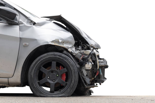 istock Front of gray color car damaged and broken by accident . Isolate on white background. Save with cliping path 1176360118