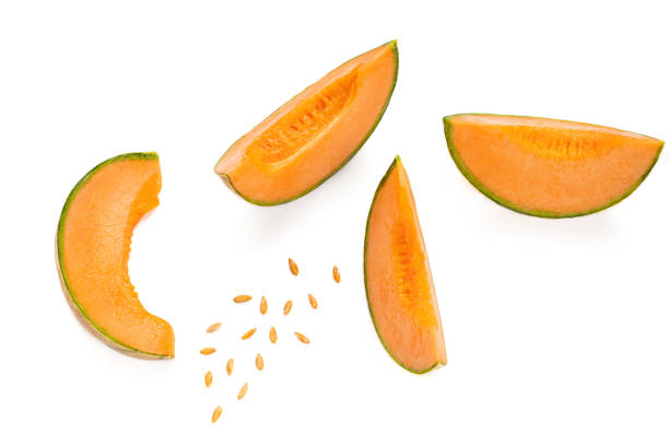 melon creative layout. fresh sliced cantaloupe melon fruit isolated  on white background. flat lay. top view - melon imagens e fotografias de stock