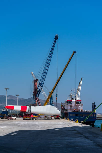 Wind turbine blades in port to embark
