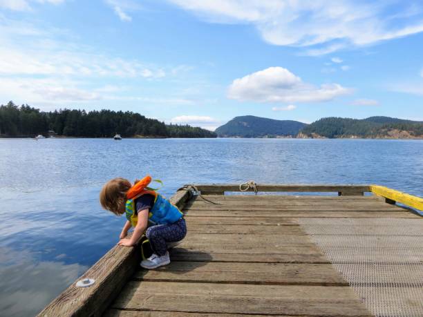 istock A young child wearing her life jacket on a dock looking for fish with a beautiful scenic background behind her.  She is having fun. 1176362830