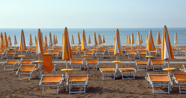 istock closed umbrellas with deckchairs on the beach without people in 1176362914