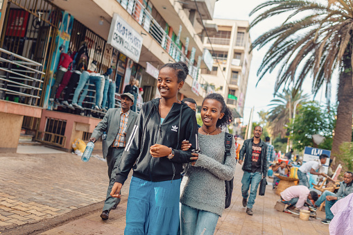 BAHIR DAR, ETHIOPIA, APRIL 21th. 2019, Ethiopian women on the street during easter holiday. April 21th. 2019, Bahir Dar, Ethiopia
