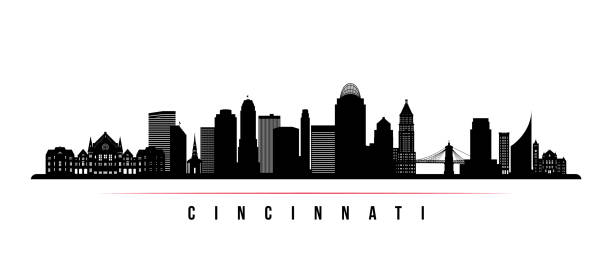 illustrazioni stock, clip art, cartoni animati e icone di tendenza di striscione orizzontale dello skyline di cincinnati. silhouette in bianco e nero di cincinnati, ohio. modello vettoriale per il progetto. - cincinnati