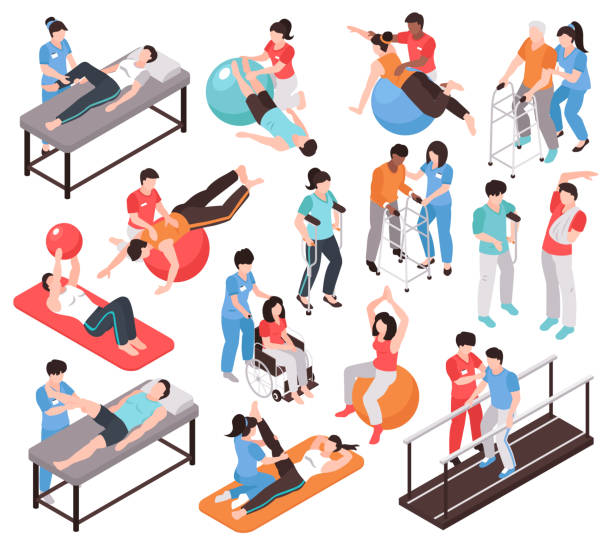 Isometric Rehab People Icons Isometric rehabilitation physiotherapy people set of isolated faceless characters of doctors and patients on blank background vector illustration physical therapy stock illustrations