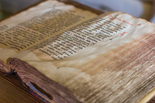 istock Old yellow manuscript on the table. Aged antique book sheets. Stained history document, yellow pages. 1176367076