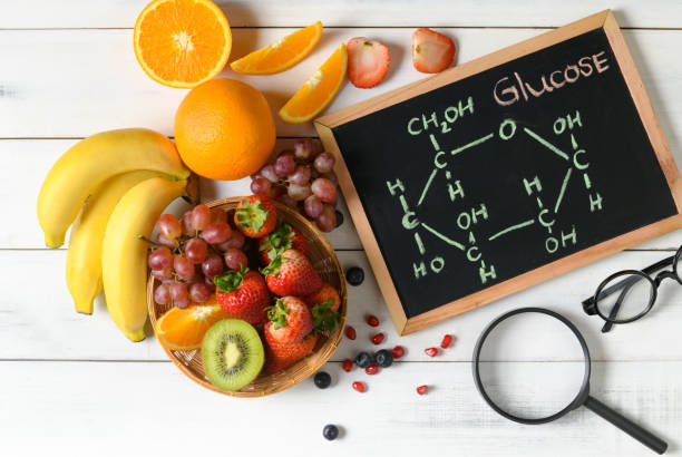 istock Glucose molecule on blackboard with mixed fresh fruits 1176367118