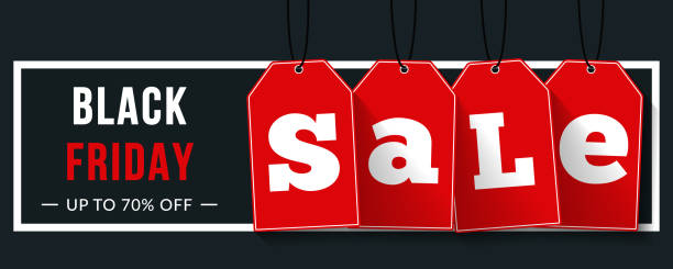 Black Friday Sale Black friday sale banner with red tags on black background with white frame, vector eps10 illustration friday stock illustrations