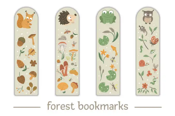Vector illustration of Vector set of bookmarks for children with woodland animals theme. Cute smiling baby squirrel, hedgehog, frog, owl on beige background. Vertical layout card templates with forest elements.