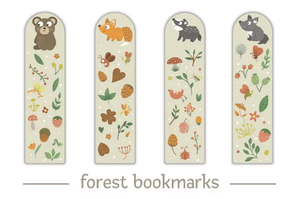 Vector illustration of Vector set of bookmarks for children with woodland animals theme. Cute smiling baby bear, fox, badger, wolf on beige background. Vertical layout card templates with forest elements. Stationery for kids.