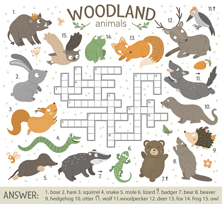 Vector Crossword Puzzle With Forest Animals Bright And Colorful Quiz For  Children Educational Activity With Fox Wolf Bear Squirrel Hare Deer Stock  Illustration - Download Image Now - iStock