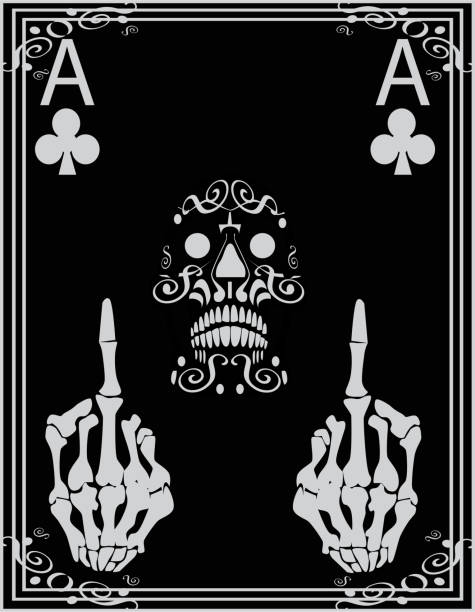 Poker Card with skull icon ornaments  and middle fingers up, Black and White Background Poker Card with skull icon ornaments  and middle fingers up, Black and White Background blackjack illustrations stock illustrations