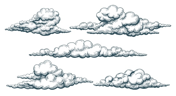 Vintage cloudscape. Clouds sketch illustrated drawing, hand drawn cloud set in sky, decorative retro nature overcast, vector illustration