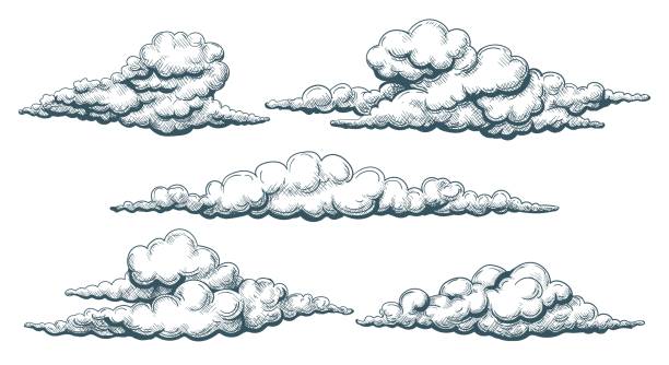 Vintage clouds sketch Vintage cloudscape. Clouds sketch illustrated drawing, hand drawn cloud set in sky, decorative retro nature overcast, vector illustration clouds stock illustrations