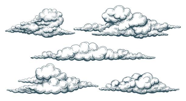 Vintage clouds sketch Vintage cloudscape. Clouds sketch illustrated drawing, hand drawn cloud set in sky, decorative retro nature overcast, vector illustration cloud outline background stock illustrations