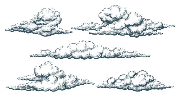 Vintage clouds sketch Vintage cloudscape. Clouds sketch illustrated drawing, hand drawn cloud set in sky, decorative retro nature overcast, vector illustration engraving stock illustrations