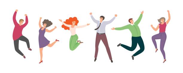 illustrations, cliparts, dessins animés et icônes de groupe de personnes heureuses de saut dans le modèle plat d'isolement sur le fond blanc. femmes et hommes drôles dessinés à la main de dessin animé - saut
