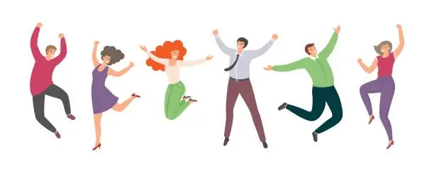 Vector illustration of Group of happy jumping people in flat style isolated on white background. Hand-drawn funny cartoon women and men
