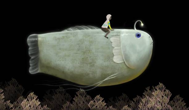 ilustrações de stock, clip art, desenhos animados e ícones de friendship, boy riding giant fish in fantasy landscape - paintings landscape fairy tale painted image