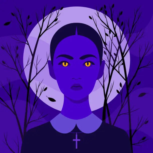 Vector illustration of Halloween. Portrait of a girl with eyes glowing in the dark. Young witch.