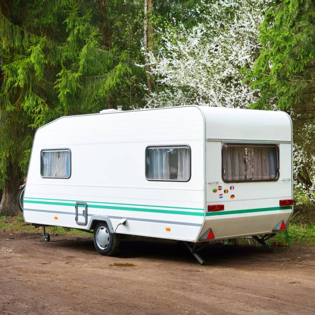istock Caravan trailer on a forest road, on a sunny spring day 1176378326