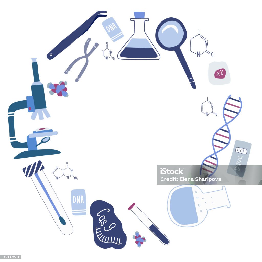 Ilustración de Plantilla Circular De Elementos Para Ingeniería Genética Y  Secuenciación Del Genoma Adn De Hélice Microscopio Cromosoma Arn Cas9  Ilustración Vectorial Dibujada A Mano En El Estilo De Dibujos Animados De