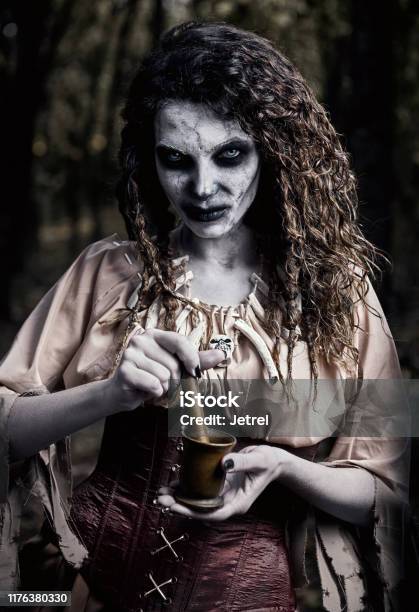 Foto de Tema De Halloween Bruxa Terrível Feia Do Voodoo Com Almofariz E  Pilão Retrato Da Bruxa Má Na Floresta Escura Zombie Woman e mais fotos de  stock de Morto-vivo - iStock
