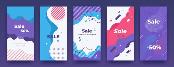 ilustrações de stock, clip art, desenhos animados e ícones de social media banner. story sale swipe up template, sale price vertical poster pack, mobile app promo. vector landing frame set - apps mobile phone application software social media